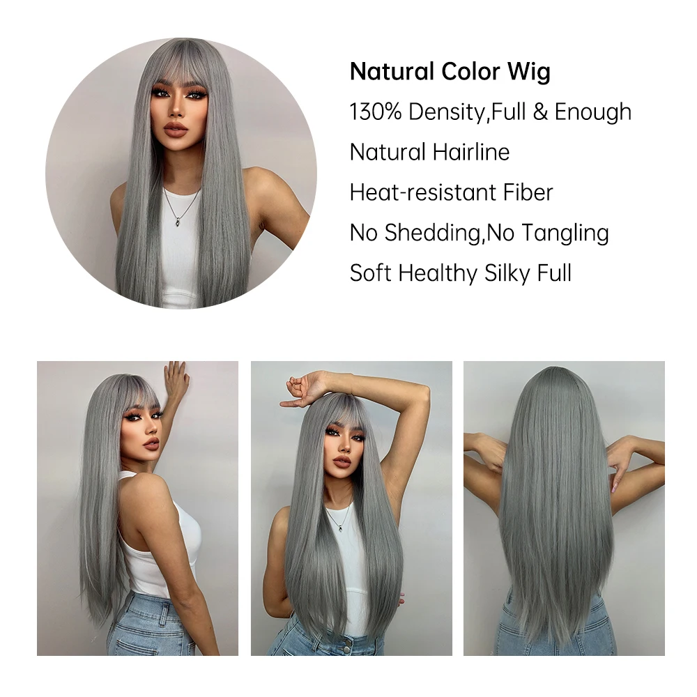 ALAN EATON Cosplay Silver Gray Synthetic Wig for Women Natural Long Silk Straight Wigs With Bangs for Women Girl Heat Resistant