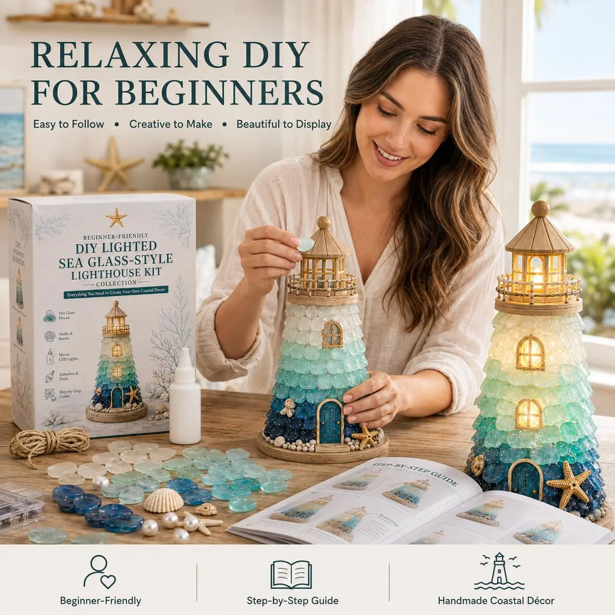 DIY Lighted Sea Glass-Style Lighthouse Kit Collection Beginner-Friendly Diy Glass Decorating with Pieces  Guide Handmade Home De