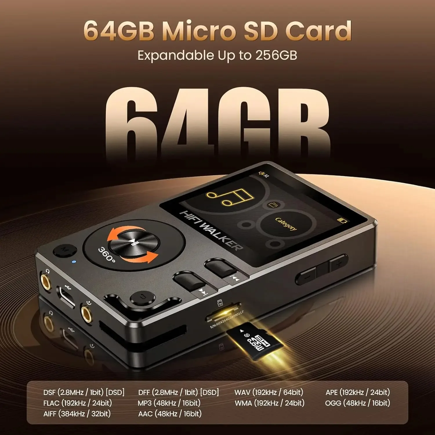 

HiFi Digital Music Player with Bluetooth 5.2, DSD128, FLAC, Two ESS9018K2M DAC Chip,64GB, ALPS, 10H Playback