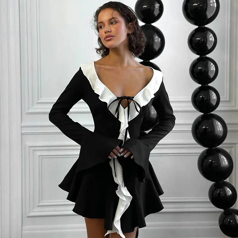 

Women PU Leather Ruffle Bell Sleeve Dress Pointed Collar Tie Lace Up Bodycon Mini Dress Party Night Out Club Fashion