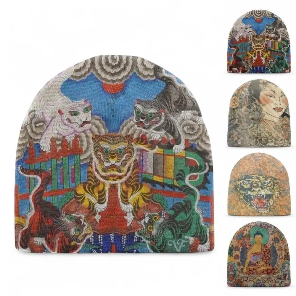 Breathable Printed Beanie Hat Elastic Warm Knit Brimless Skull Cap Kpop Harajuku Fashion Hip Hop Pull-on Beanie Cap