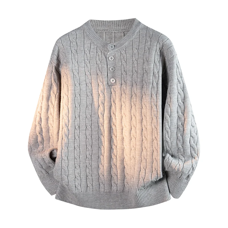 Grey Thick Thread Henry Neck Sweater for Men's Autumn Fashion Brand Lazy Fried Dough Twists Knits