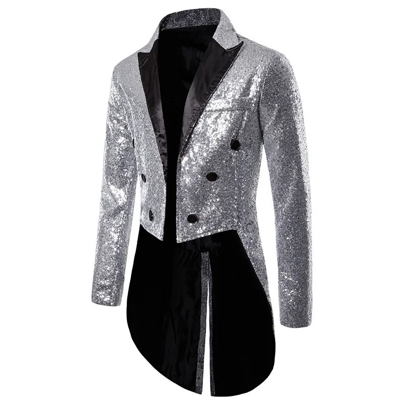 Men's Shiny Sequin Tailcoat Blazer Glitter Tuxedo Jacket for Party Prom Stage Performance Nightclub Formal Swallowtail Coat