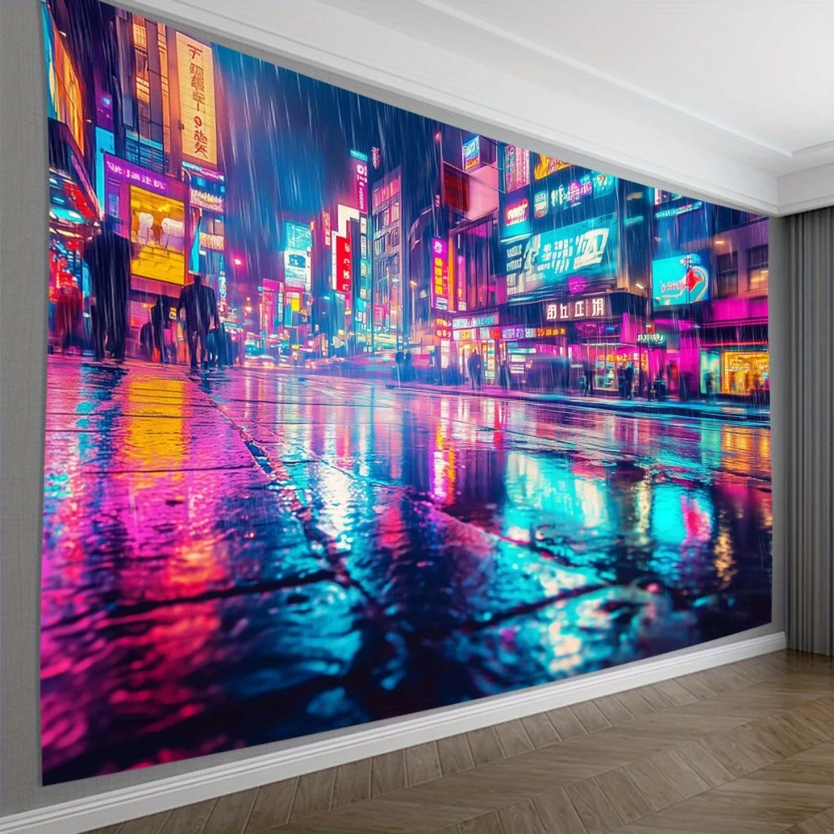 Neon City Street Tapestry, Cyberpunk Rainy Night Wall Hanging, Glowing Urban Landscape Art Print for Bedroom Living Room Decor