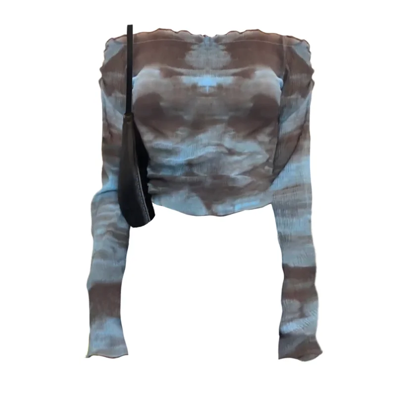 

Y2k Aesthetic Tie Dye T-shirts Casual Slash Neck Off Shoulder Chic Fashion Tops Women Long Sleeve Sexy Roupas Femininas