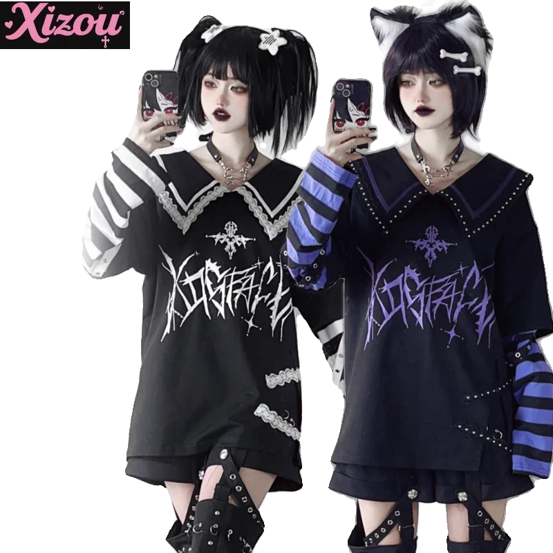 

Оригинальный субкультура Y2k, темный полосатый принт, темно-синий воротник, топ с длинными рукавами, осенний свободный милый крутой свитер для женщин