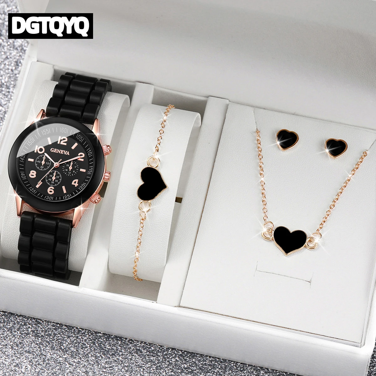 4pcs/set Fashion Black Silicone Band Women Quartz Watches Love Heart Bracelet Jewelry Sets(Without Box)