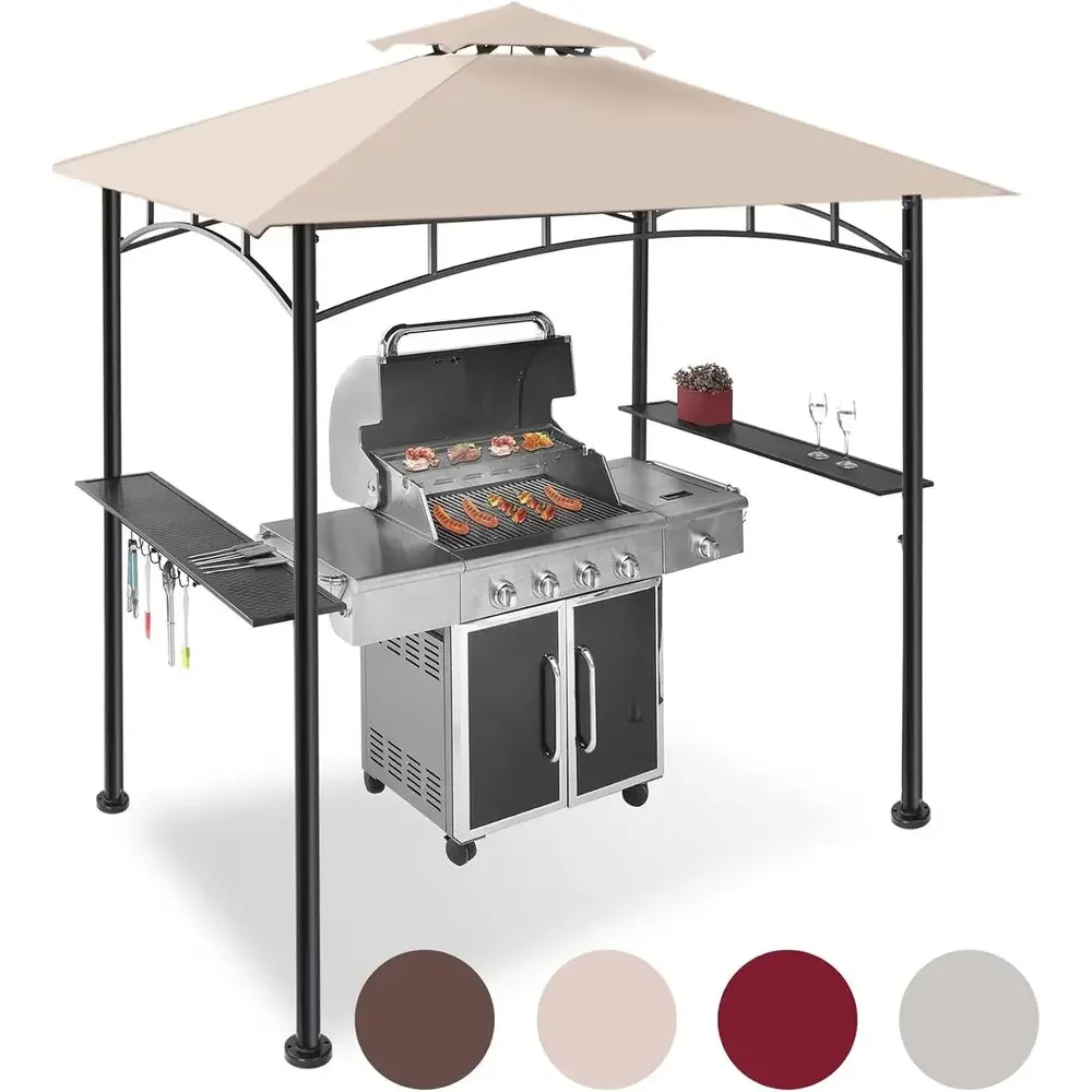 

All-Weather Double-Tiered Grill Gazebo with Metal Shelves, LED Lights, and Bottle Opener for Patio and Backyard BBQ (Beige)Time-