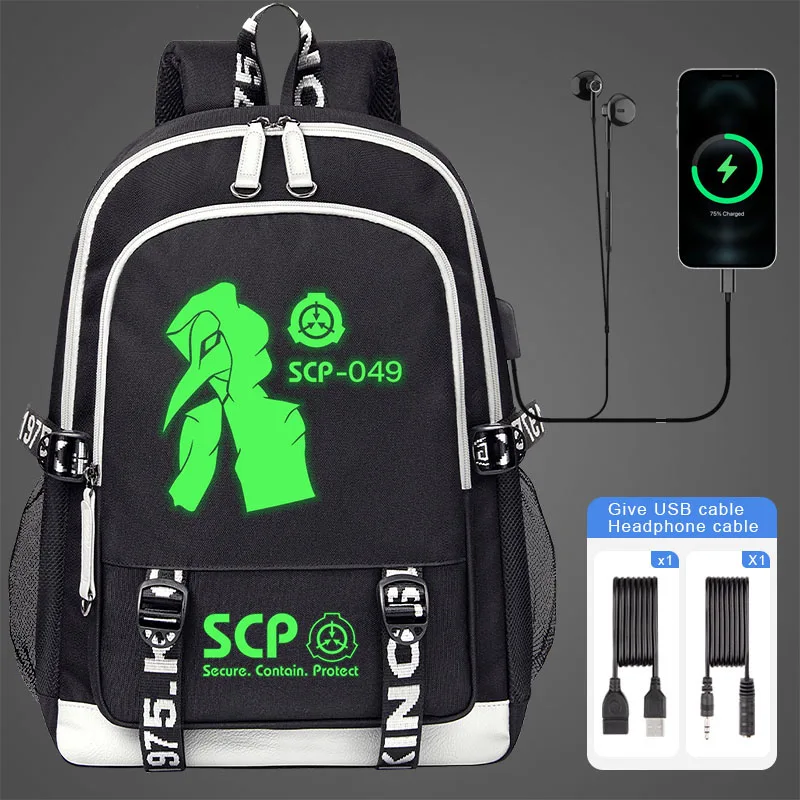 

SCP Foundation Backpack Green Fluorescent Luminous USB Charging Large Capacity Schoolbag elementary school students Boy SCP Bag