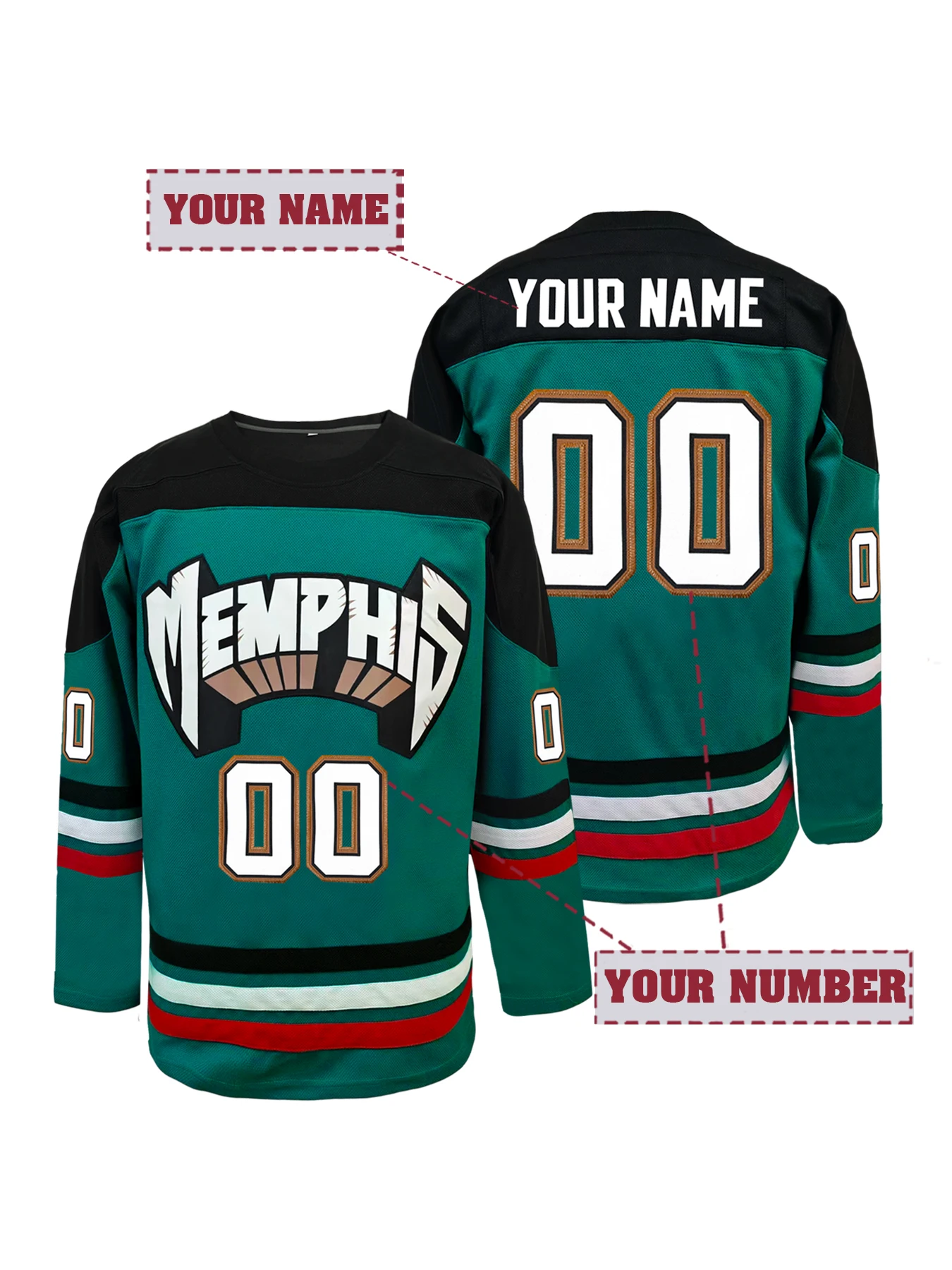 Personalized Memphis Ice Hockey Jersey Custom Name and Number Embroidered Unisex Long Sleeve Fan Gift