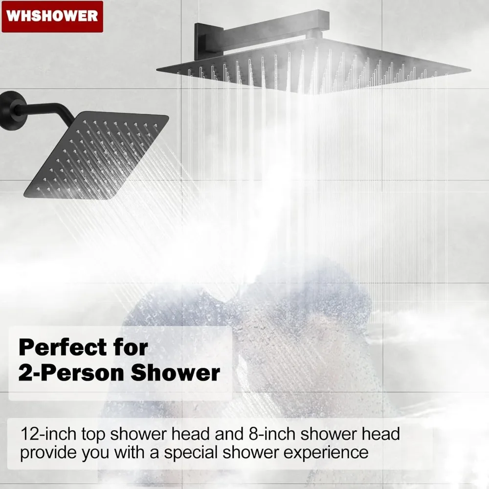 نظام دش مطري أسود غير لامع لكامل الجسم مع شاشة رقمية، و12 ورؤوس مزدوجة و8 رؤوس، ونفاثات الجسم، ودش يدوي #2