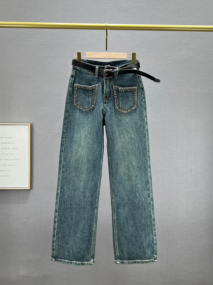 

Женские джинсы с высокой талией, удлиненные, свободного кроя, с широкими штанинами, украшенные стразами, модные осенние джинсы из денима