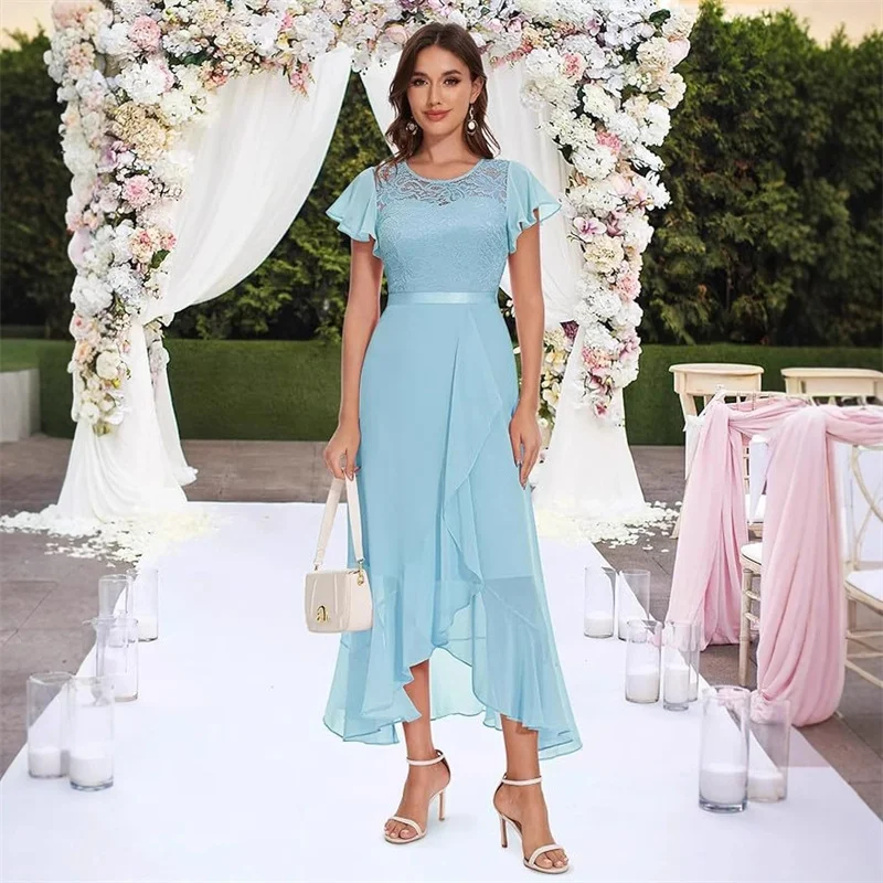 A Line Chiffon Lace Slit Sashes Boat Neck Elegant Off Shoulder Bridesmaid Dresses Wedding Party Evening Formal Prom Ankle Length