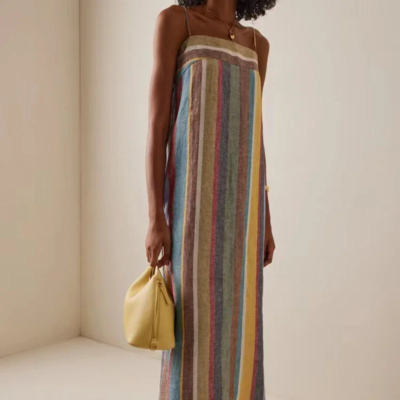 

Fashion Lady Sexy strap Backless Boho Long Dress Summer New Slash Neck Midi Sundress Casual Striped Printed Maxi Dress for Women