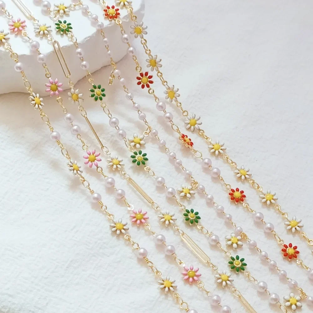 

14K Gold-plated Small Daisy Pearl Flower Chain, Self-made Handcrafted DIY Bracelet Necklace, Jewelry, Handcrafted Loose Chain