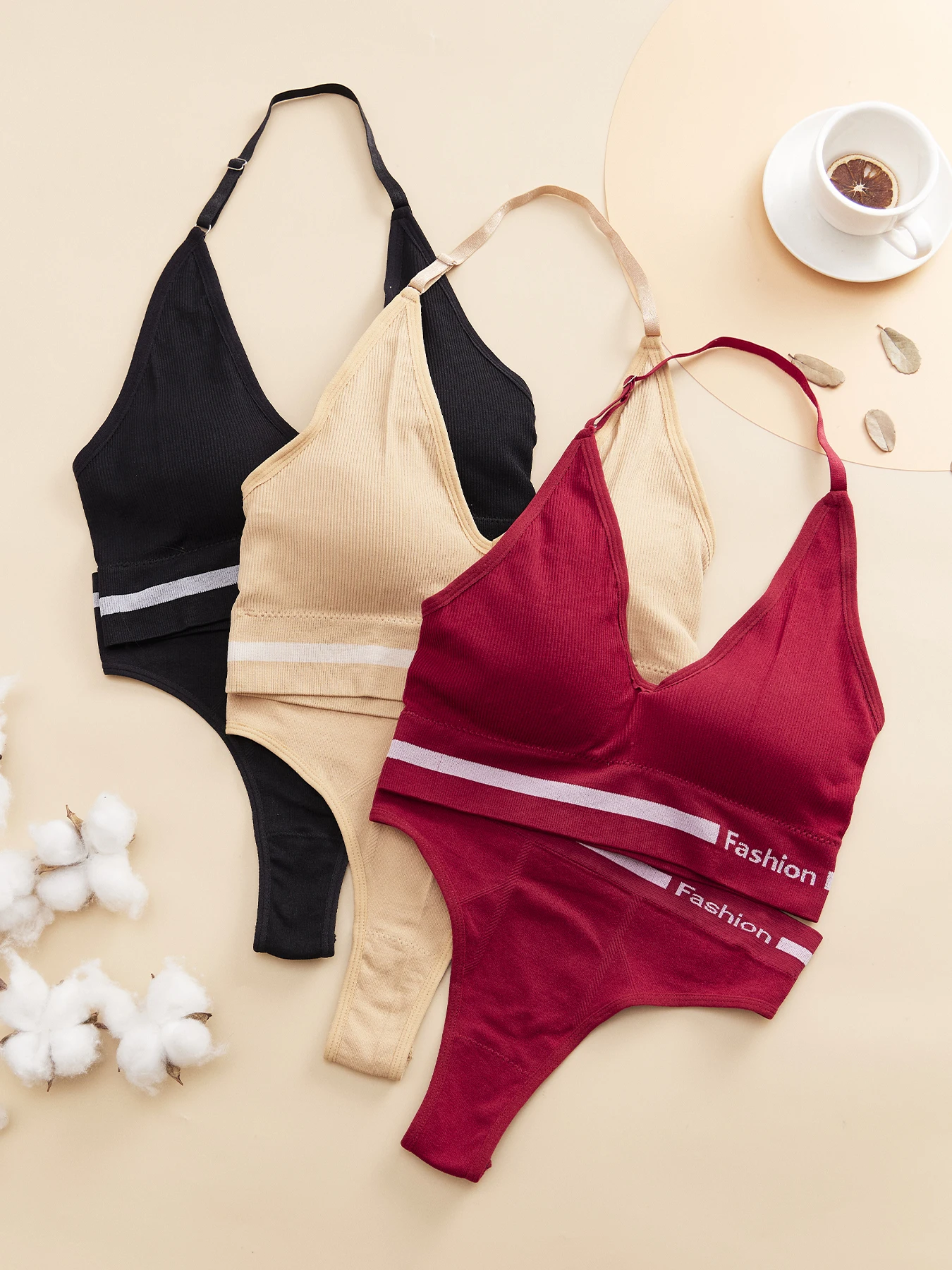 

Trendsetting Fashion - Women's Casual Halter Neck Lingerie Set, featuring a sexy thong design, comfortable three-piece set.