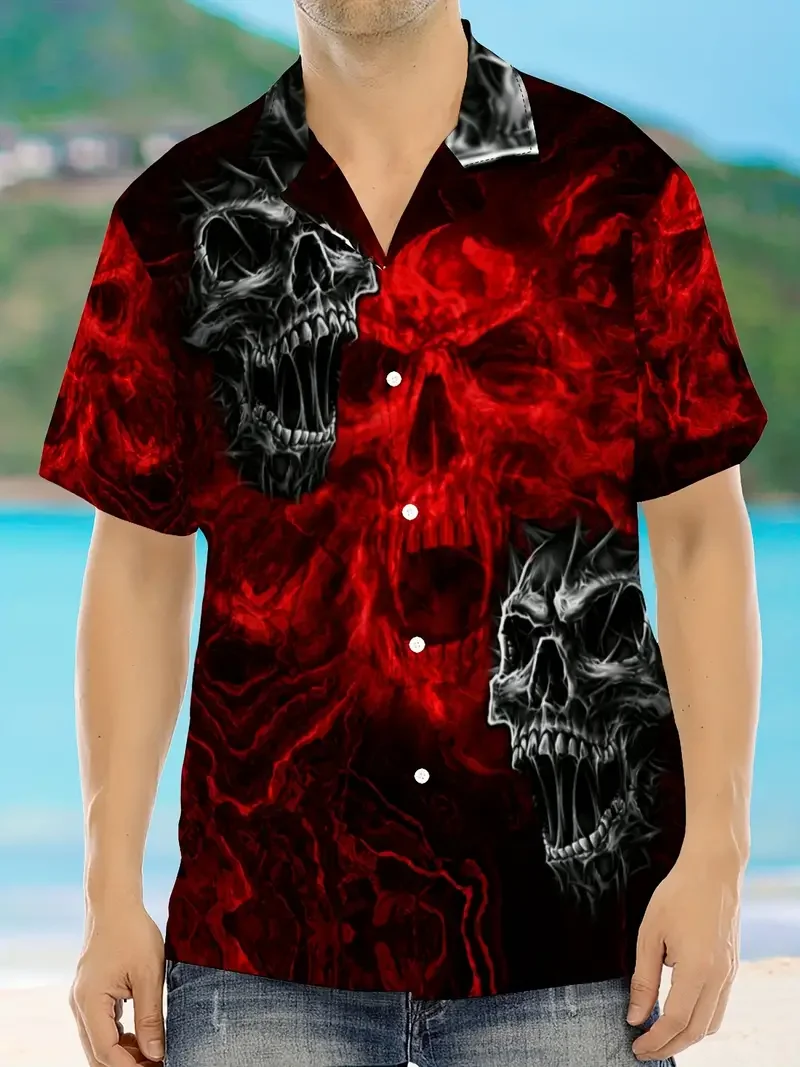 Popular men\'s new product in Europe and America, skull printed short sleeved shirt, button up casual Hawaiian summer shirt