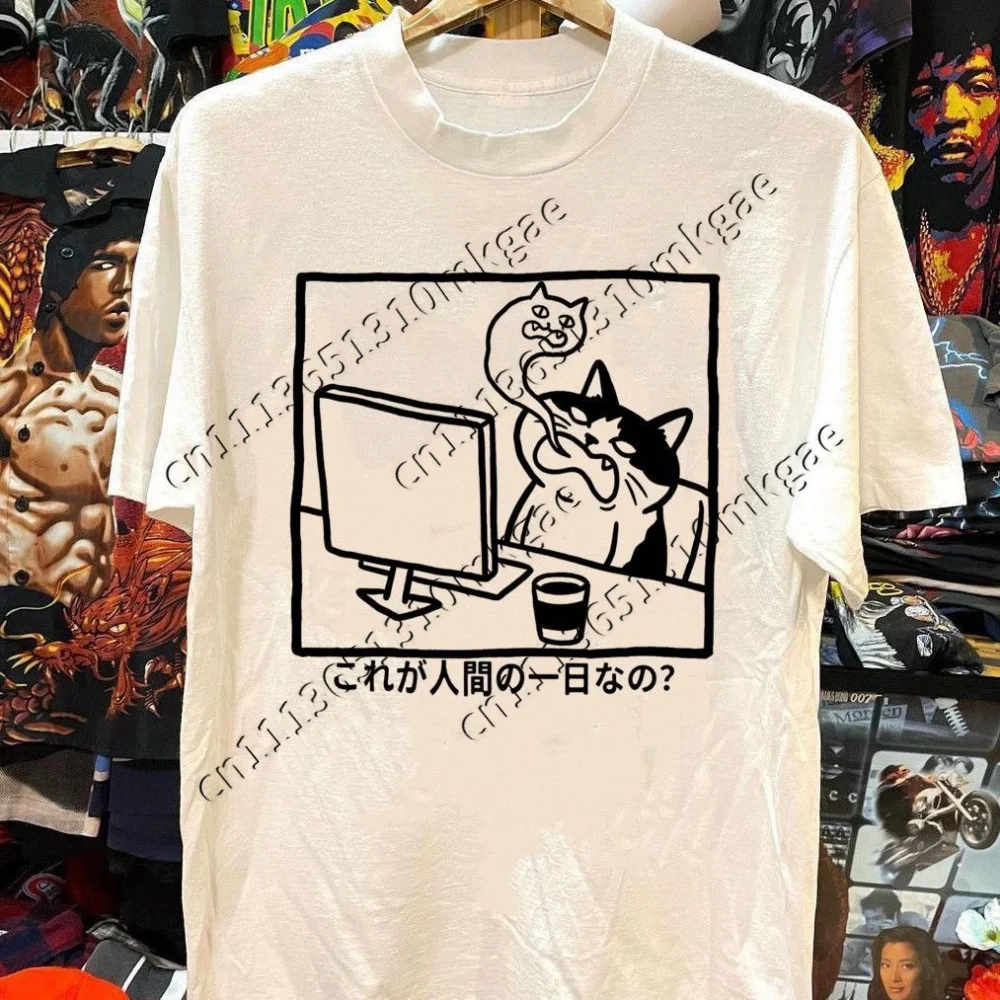 Humor Worker Mood Cat Meme T-shirt Words Print Stress Office Life Graphic Tee Unisex Loose Summer Casual Streetwear Kids Tops
