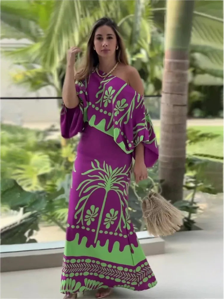 セクシーな女性用プリントツーピースセット 2026年春新作 オフショルダーシャツ ハイウエストロングスカートセット レディース服