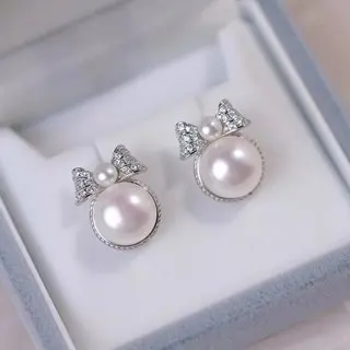 Natural Freshwater Pearl Bow Stud Earrings 8-9mm Round Button Pearl S925 Silver Post Fashion Jewelry