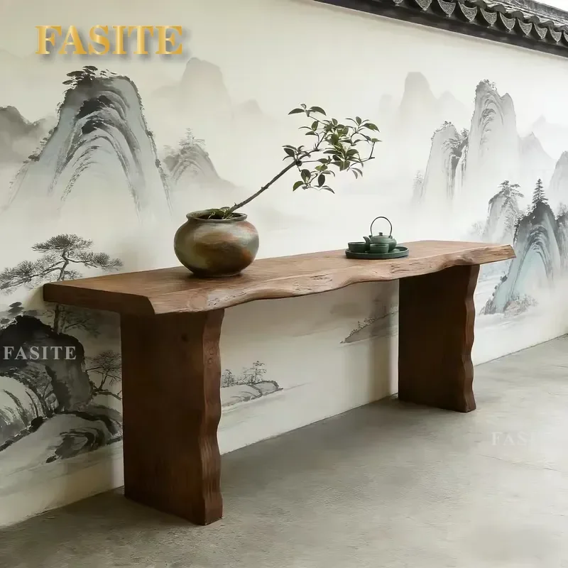 For Wabi Sandy Wind Log Natural Edge Solid Wood Console Table Retro Decorative Strip Case Against Wall Creative Entrance
