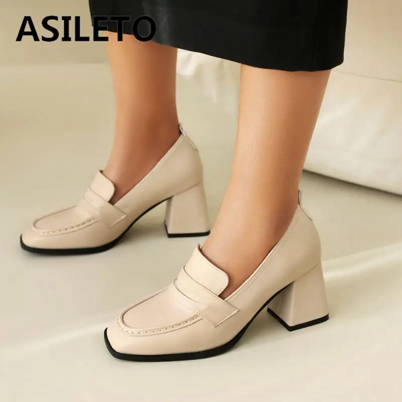 ASILETO 2024 New Luxury Office Lady Pumps 32 33 Square Toe Chunky Heels 7cm Slip On Big Size 44 45 Classic Female Shoes Spring