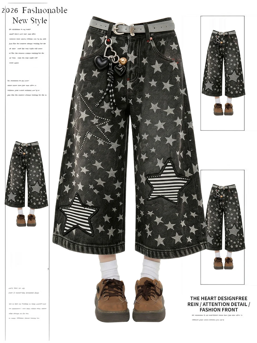 

Retro American Star Print Patchwork Loose Wide Leg Jeans High Waist Casual Summer Jeans for Couples Black Denim Pants