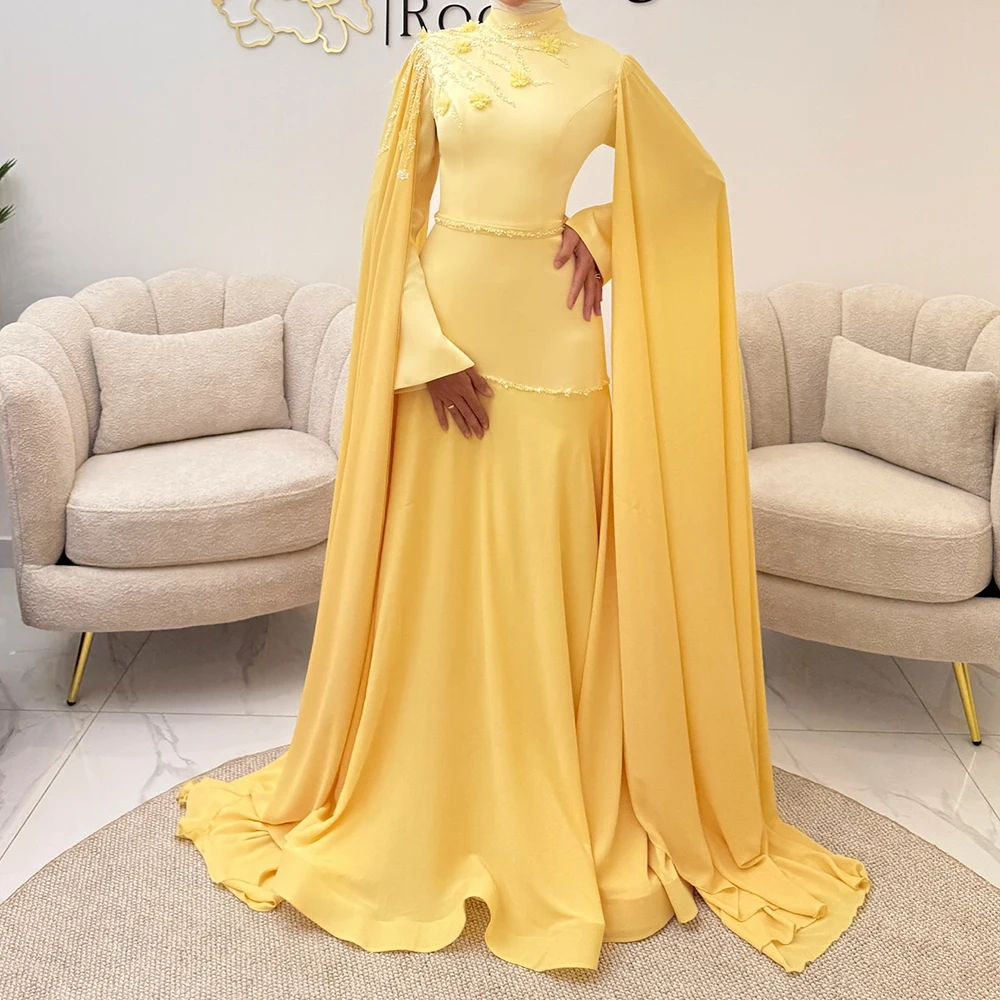 

Customized A-line Evening Dresses Floor-length High-neck Full Sleeve Prom Gown Fashion Flowers Sequined Stole Draped Party Gown