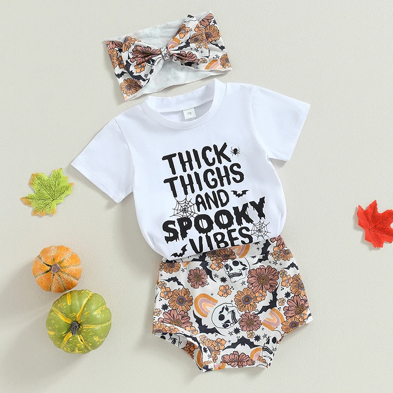 Baby Girls Halloween Outfit Black Long Sleeve Pumpkin Print Tops and Orange Ruffle Shorts Headband Sets for Toddlers