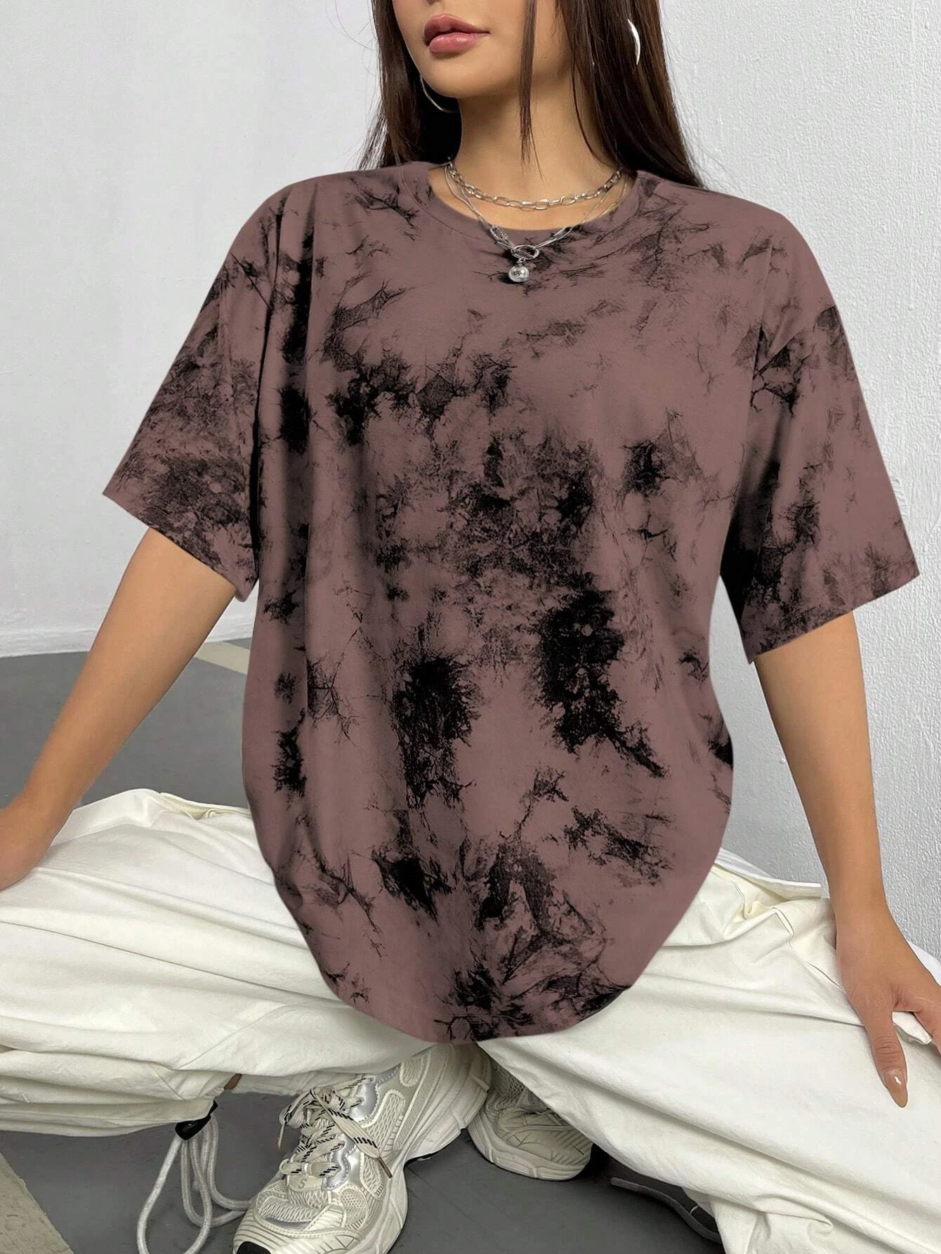 Womens Tie Dye Contrasting Printed T-Shirt Round Neck Loose And Comfortable Short Sleeved Work And Home Tee Y2k Clothing Top