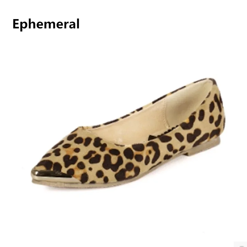 Lady Leopard Printed Fashion Hot Sale Pointy Toe Metal Ballerina Plus Size 48 Low Top Women Single Shoes Leisure Slip-Ons Blacka