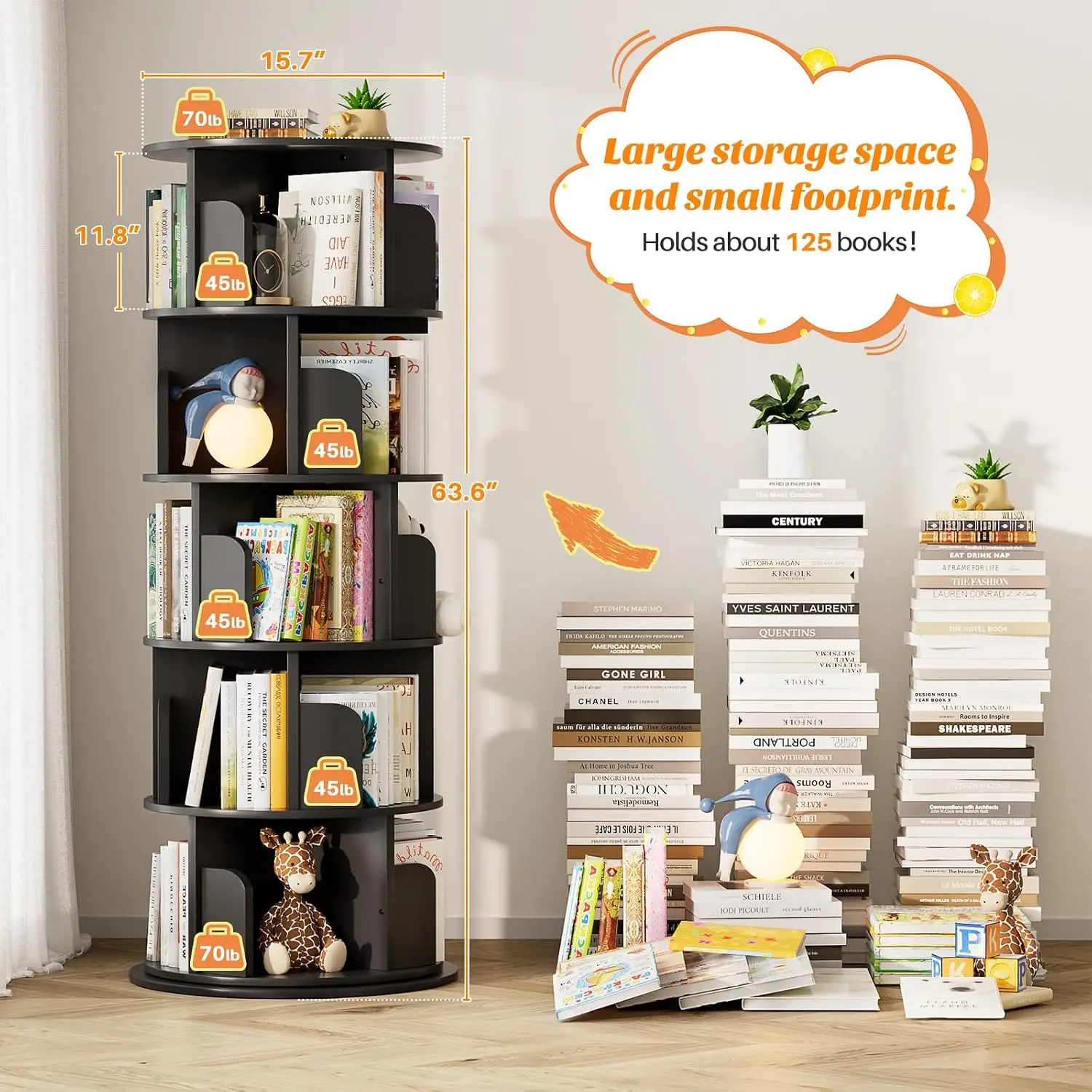 5-Tier Wood Rotating Bookshelf 360° Spinning Tower Storage Organizer for Home Office Living Room, Customized