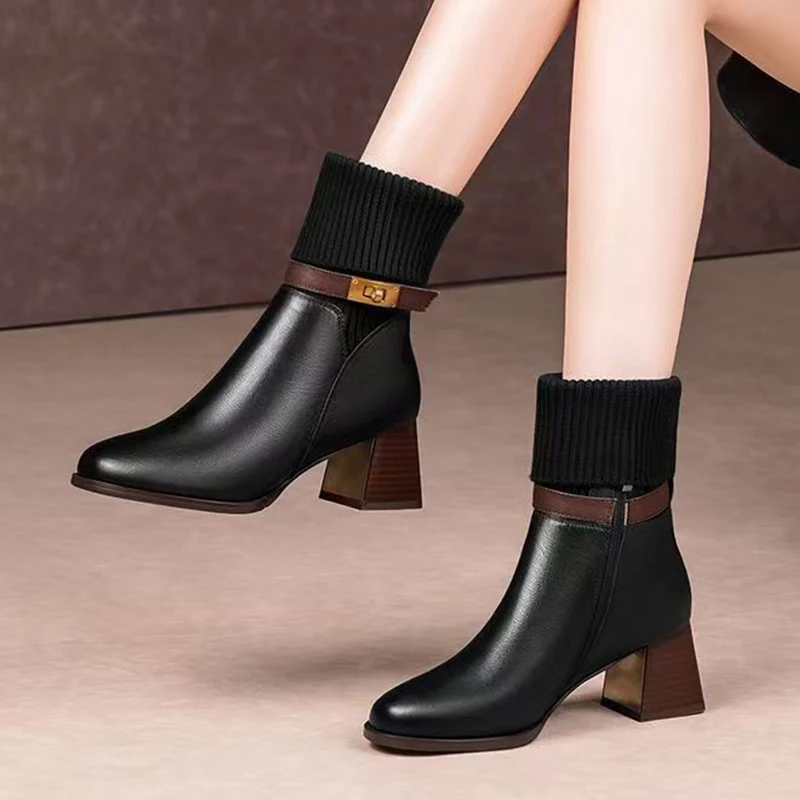 Brand Women Pointed Toe Ankle Sock Boots Winter Leather High Heels Shoes 2025 New Trend Chunky Elegant Pumps Snow Botas Mujer