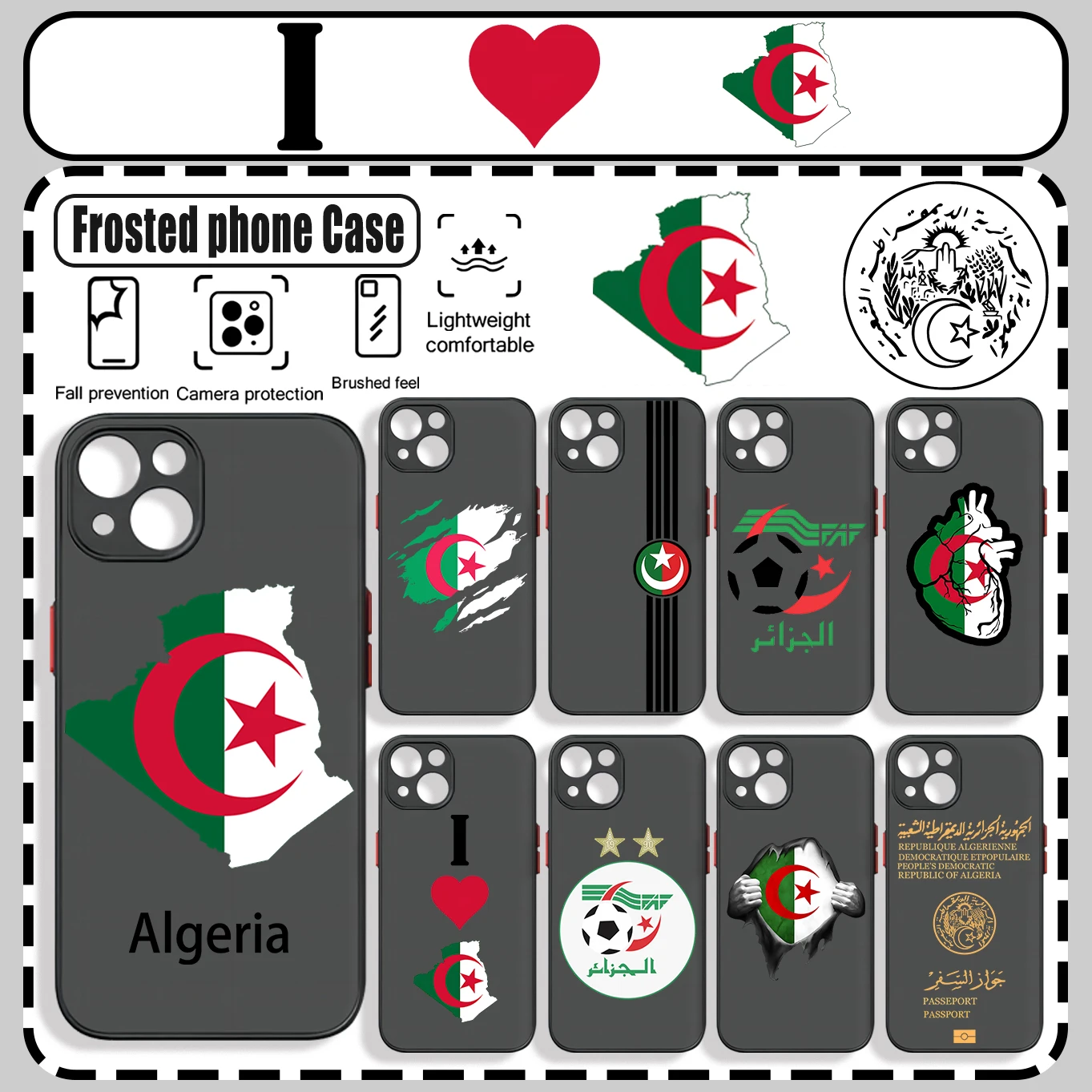 Algeria Map Flag Passport Phone Case For iPhone 15 14 13 12 11 Mini Pro Max X XR XSMax 7 8 Plus Matte Transparent Back Cover