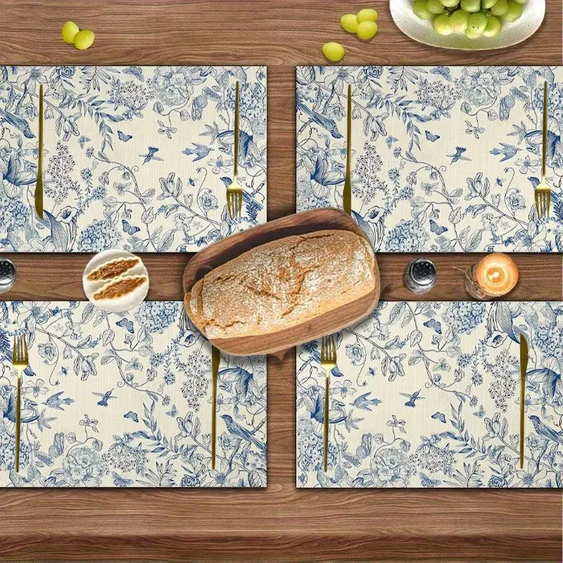 6Pcs, French-Style Blue and White Porcelain Flower and Bird Placemats, Washable, Suitable for Holiday Parties, Home Decoration, Kitchen Countertops, Rectangular Dining Rooms, Making Your Dining Room and Kitchen More Beautiful, a Birthday Gift and Housewarming Party Gift for Family and Friends