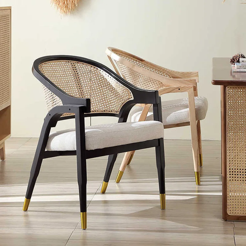 

Nordic retro dining chair solid wood rattan chair home restaurant coffee soft bag armchair negotiation rattan chair