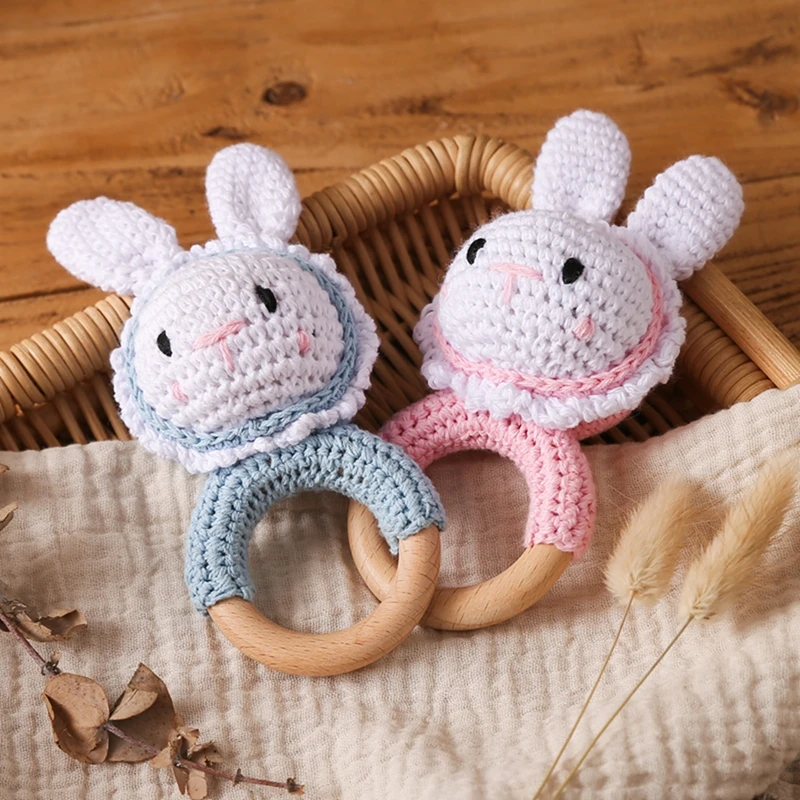 

Baby Wooden Crochet Rabbit Music Rattle Toys Wooden Teether Ring Rattles Soothing Bracelet Toddler Toys For Children's Gift