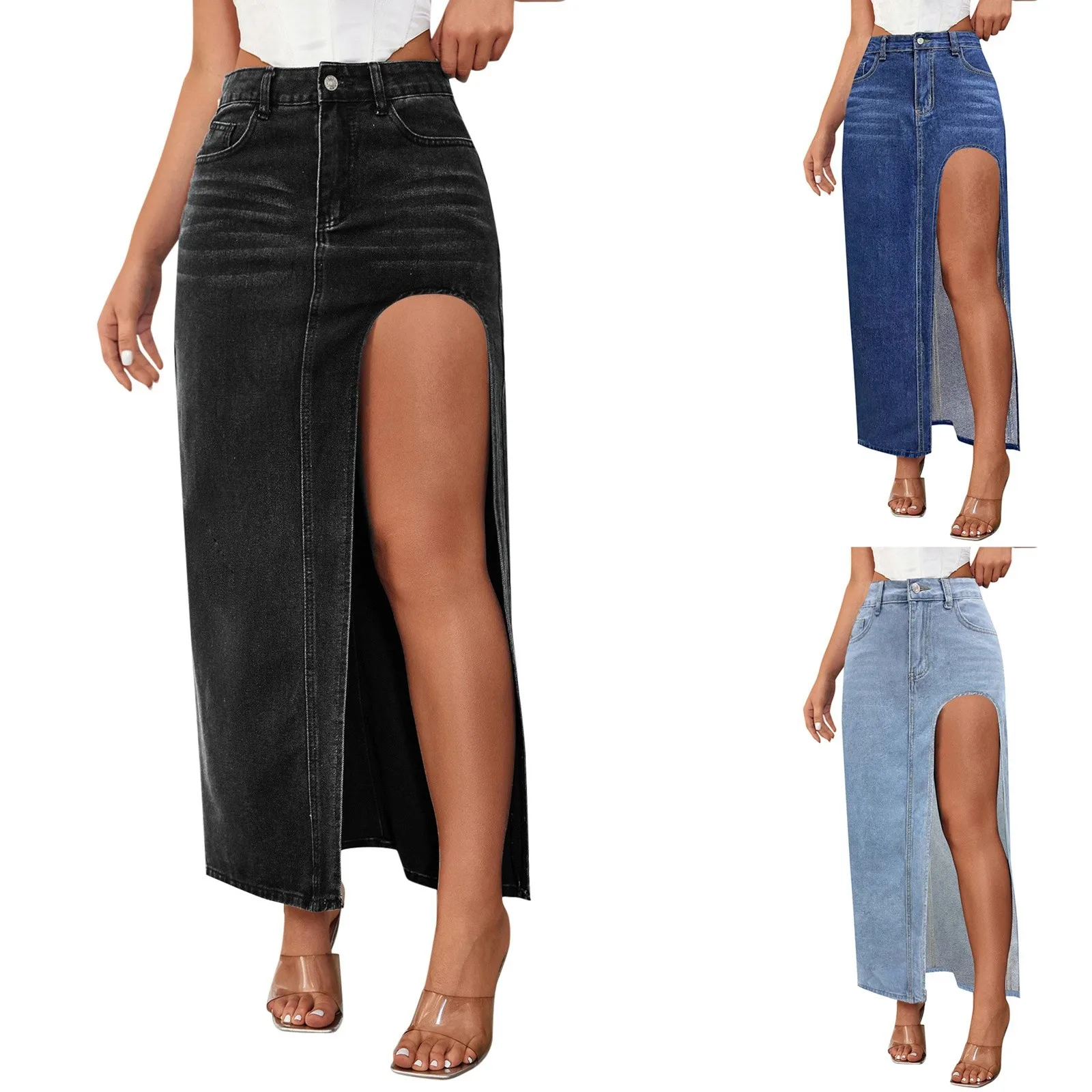 

Юбка-трапеция женская джинсовая с высоким разрезом, пикантная однотонная модная длинная юбка из денима с завышенной талией, на пуговицах, с карманами, весна-лето