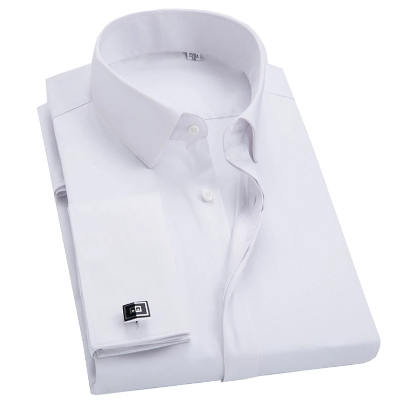 Camisa masculina com abotoaduras francesas, fibra de bambu, manga comprida, camisas formais de negócios, smoking, botão, roupas francesas, casamento