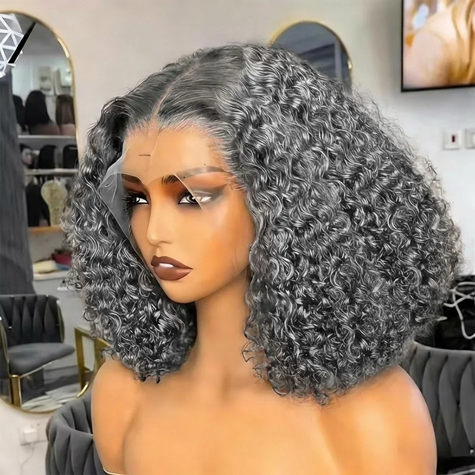 

Silver Grey Short Bob Wigs Deep Wave Peruvian Deep Curly Lace Closure Frontal Wigs HD Lace Front Human Hair Wigs