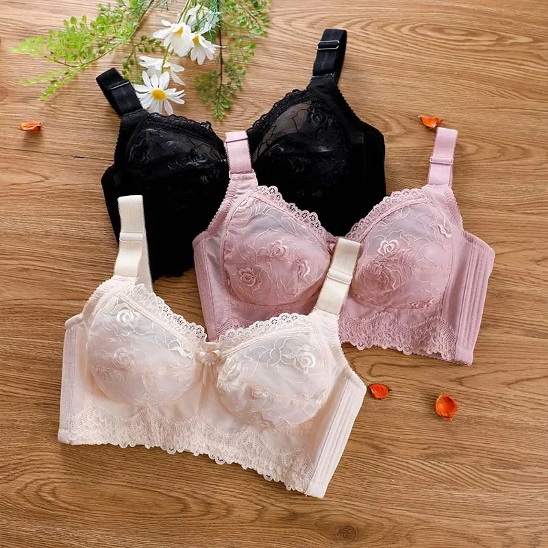 Womens Minimizer Bra Full Coverage Wireless Bra Non-padded Lace Floral Embroidery Ultra-thin Unlined Bra Longerie for Woman 90 E