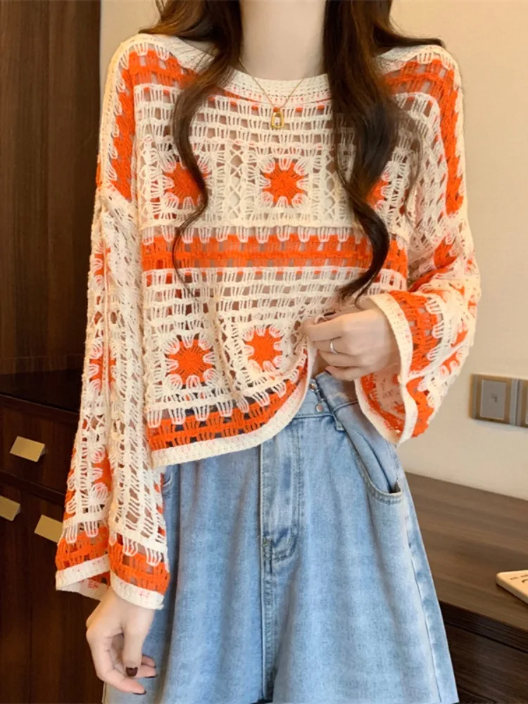 

Ретро n Holiday Sle Вязаный ажурный длинный све-топ с цветочным принтом Женский весенне-летний свободный пуловер из полиэстера...