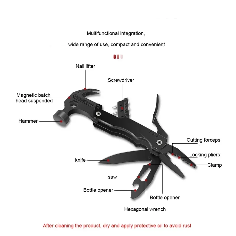 # Martillo de garra multiusos, martillo de reparación de emergencia para el hogar, herramienta combinada portátil para acampar al aire libre, cuchillo, hacha, alicate
