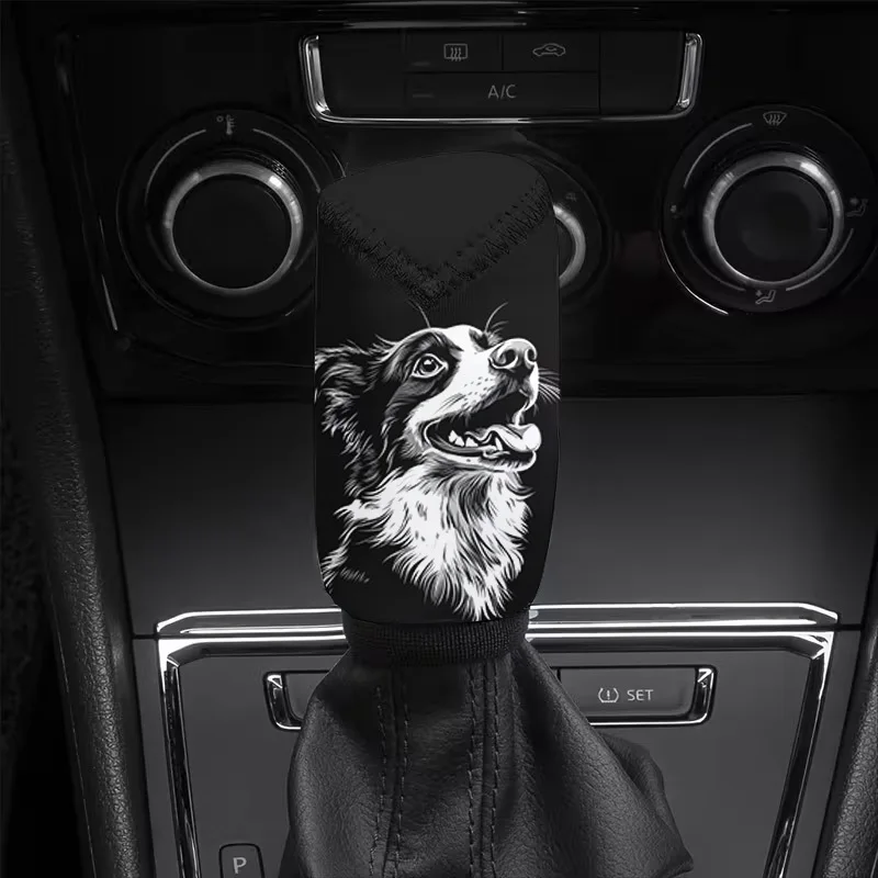 1pc Black And White Border Collie Cartoon Print Car Gear Shift Dust Cover, Compatible With Multiple Car Models, Car Gear Shift