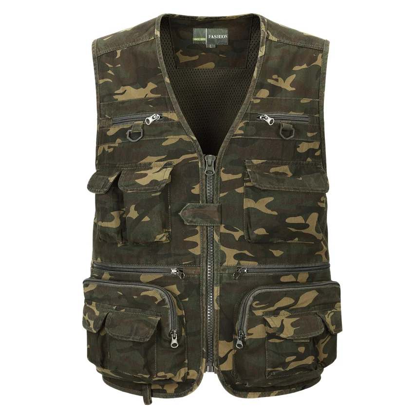 

Men Newest Solid Large Size Cotton Fabric Multi Pockets Vest Tactical Photography Waistcoat Loose Inner Pocket Sleeveless Jacket