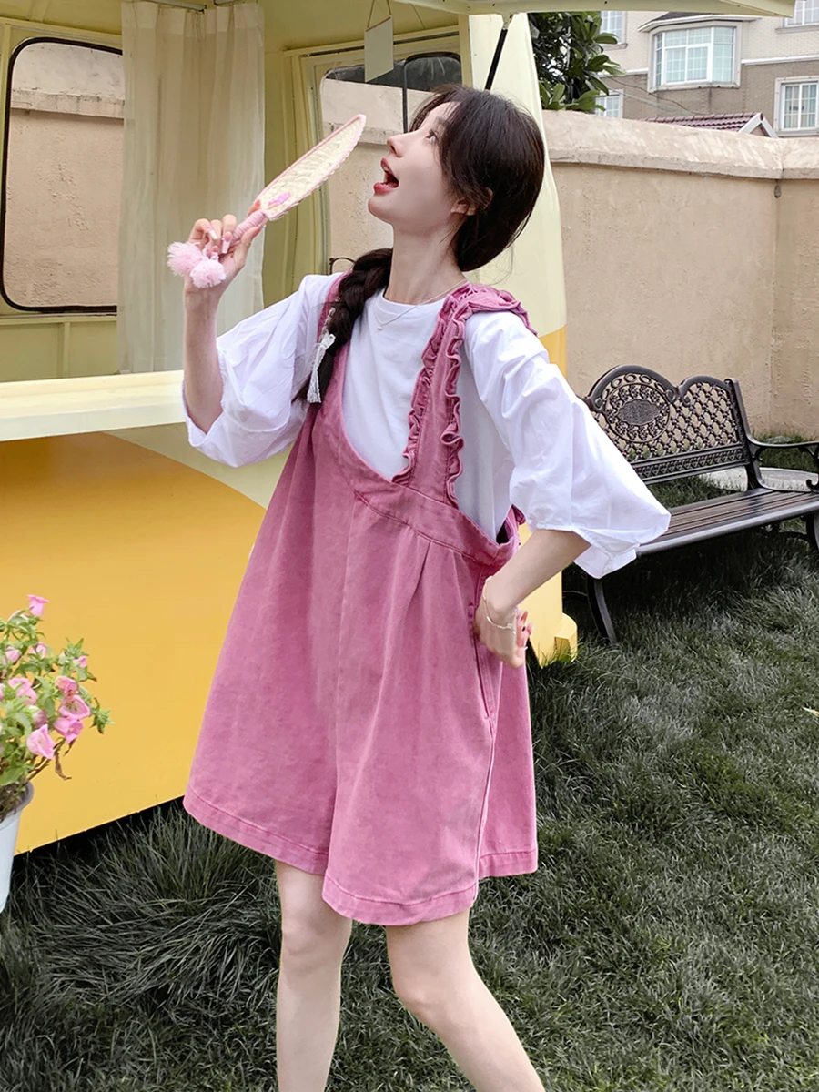 

Sweet Casual Pink ort Jumpsuit Two-Piece Set Women's Summer New Sle Age-Defng Bib Overalls Suit Student Faion Outfit