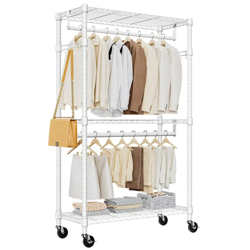 Heavy Duty Rolling Clothing Rack With Wheels 1050 LBS Capacity 3 Tier Garment Rack With 2 Hanging Rods And Side Hooks Adjustable Metal Shelving Storage Organizer For Bedroom Closet Laundry Room Retail Store Commercial Use Sturdy Steel Frame Portable
