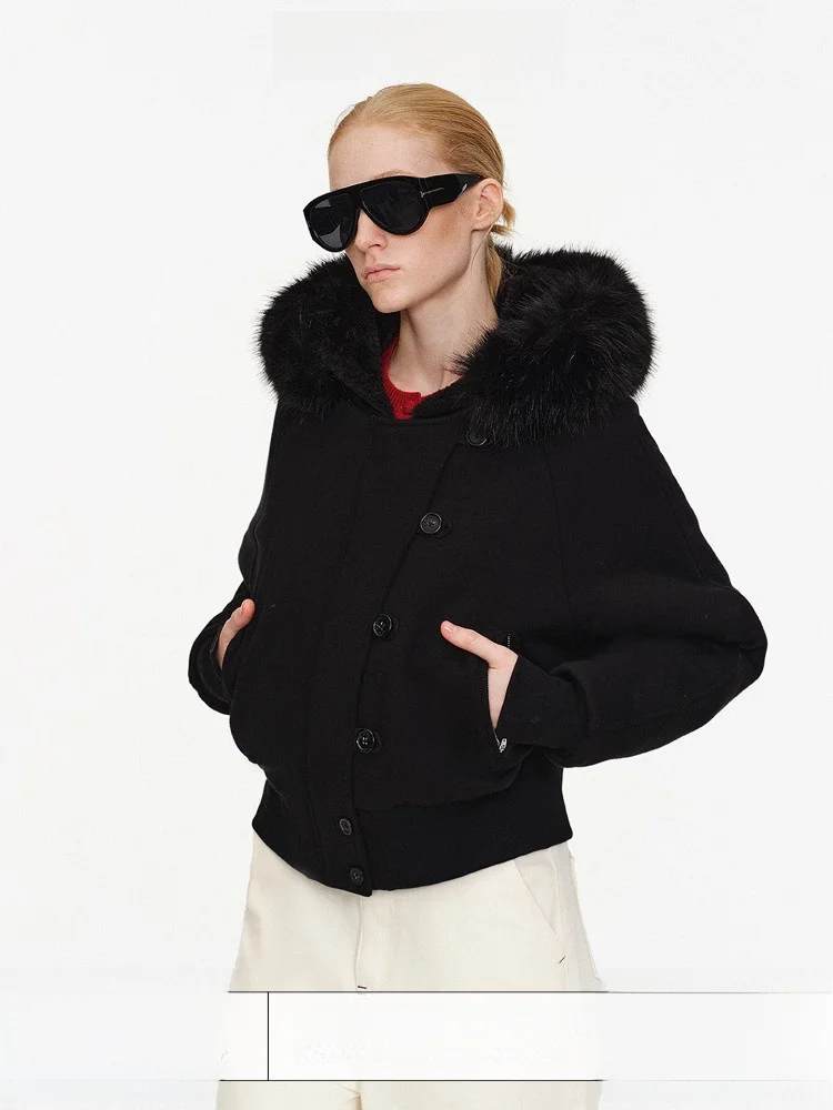 

Age of Ascent Eco-Friendly Fur Collar Single Button Loose Thi Warm Retro Casual Fur Coat Women's ort Cotton Jaet