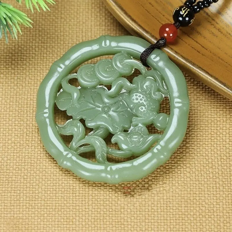 Hetian Jade Flower Blooming Rich Pendant Hollowed Out To Attract Wealth Golden Cicada Sweater Chain Men and Women