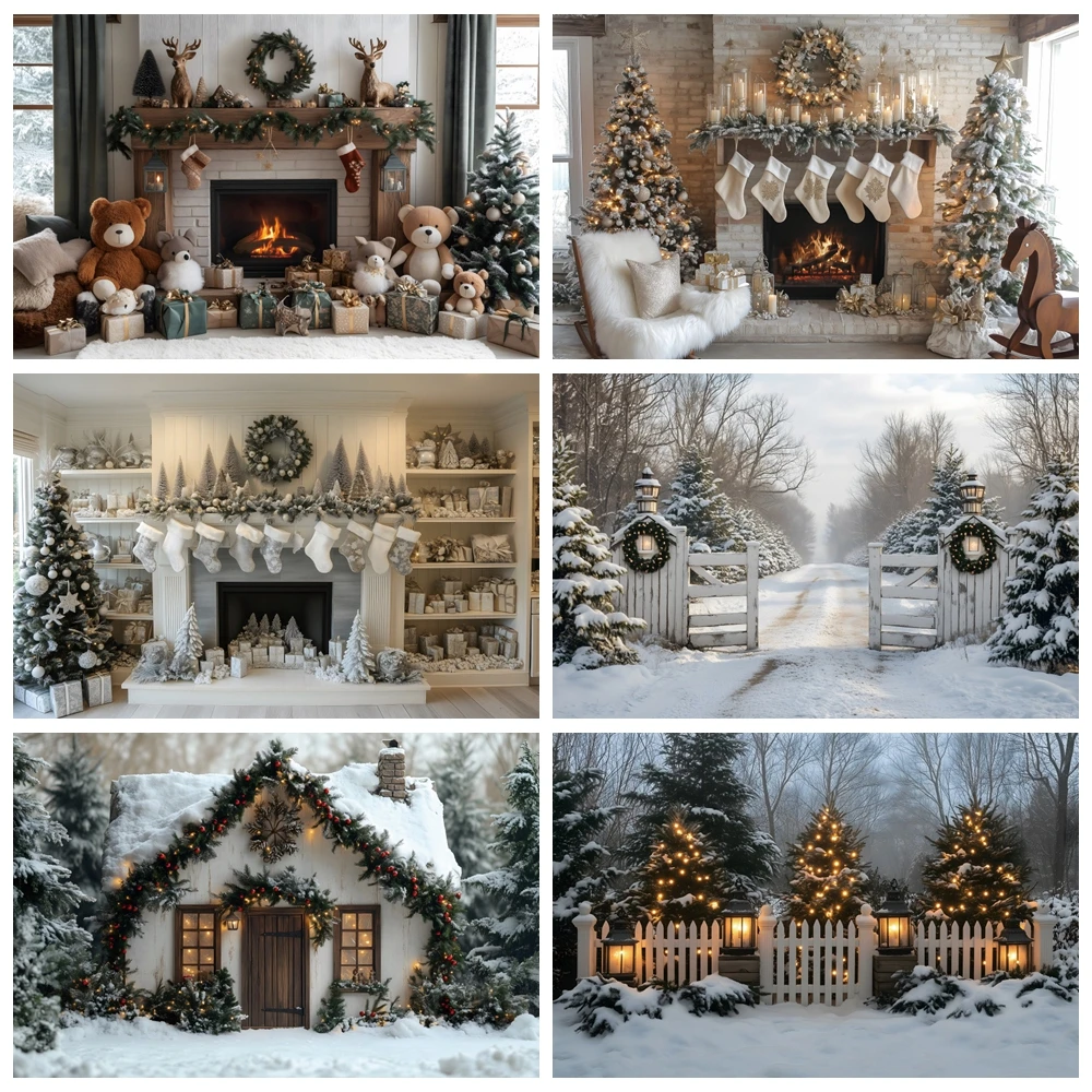 เตาผิงคริสต์มาสการถ่ายภาพพื้นหลังXmas Treeของเล่นของขวัญพวงหรีดเด็กครอบครัวภาพฉากหลังPhotobooth Prop